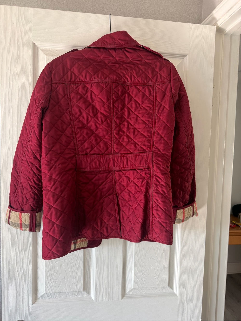 Burberry Quilted Burgundy Red women's Puffer Jacket with Check Trim - Picture 9 of 13